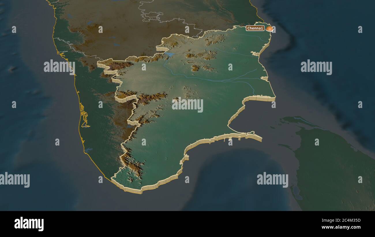 Zoom in on Tamil Nadu (state of India) extruded. Oblique perspective