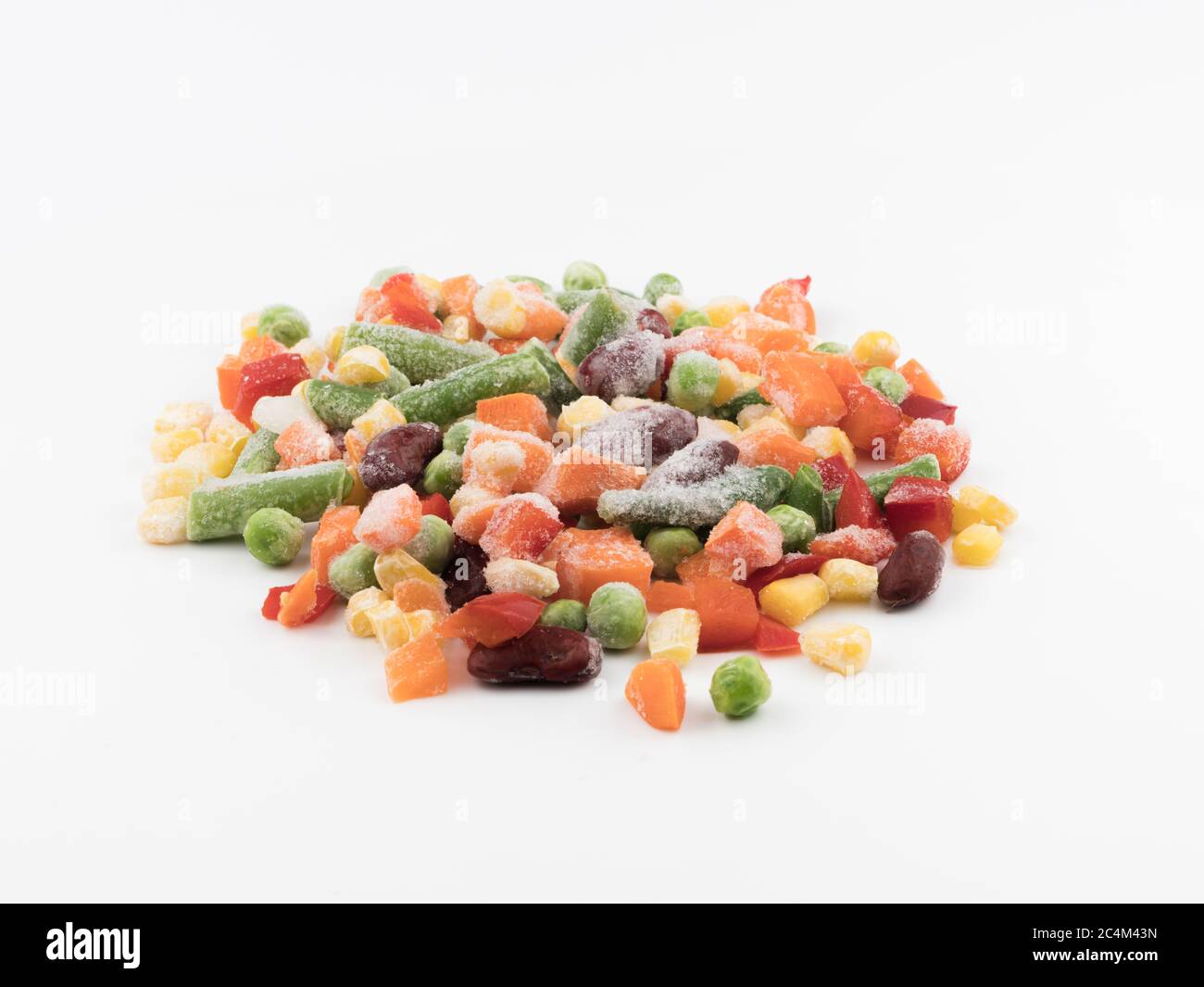 Frozen vegetables on a white background. Mexican blend. Stock Photo