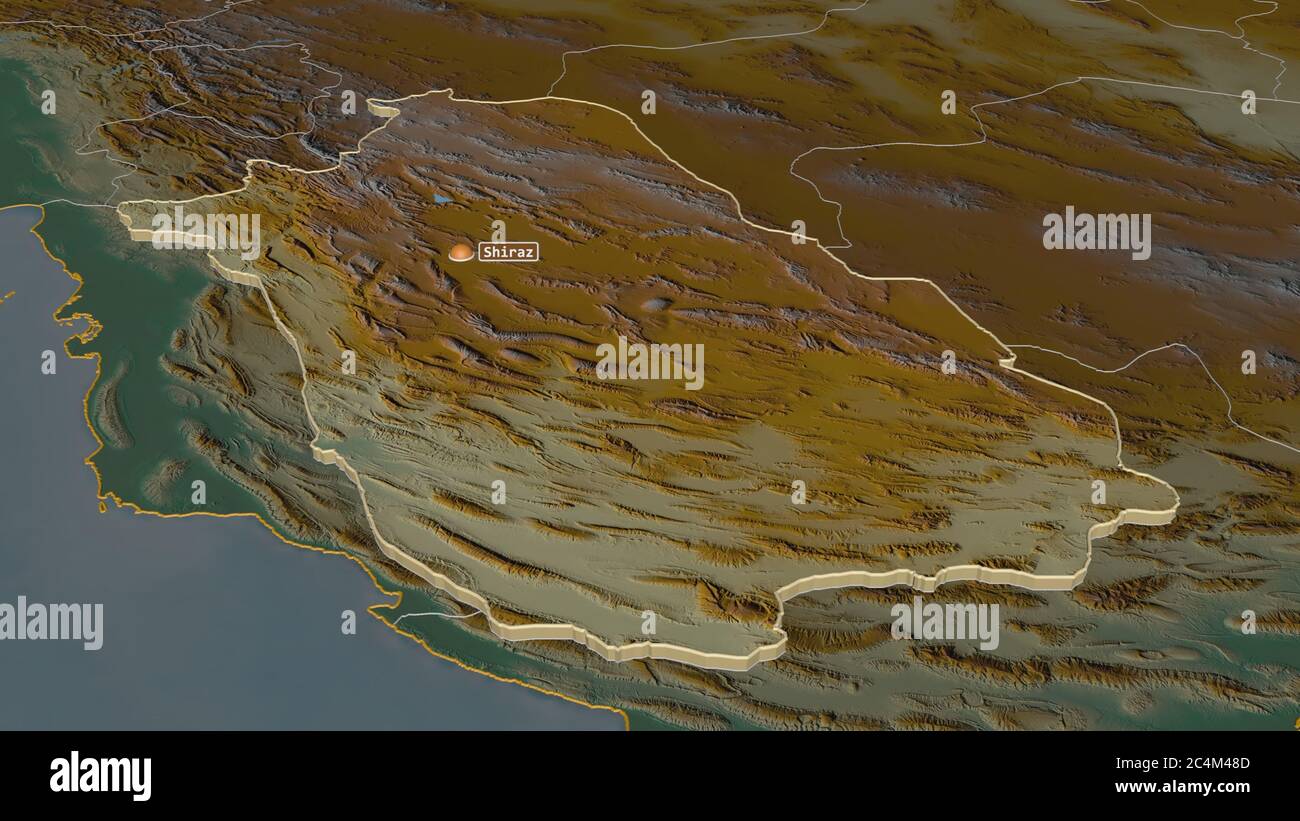 Zoom In On Fars Province Of Iran Extruded Oblique Perspective Topographic Relief Map With Surface Waters 3d Rendering 2C4M48D 