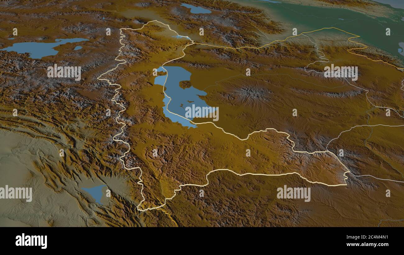 Zoom in on West Azarbaijan (province of Iran) outlined. Oblique perspective. Topographic relief map with surface waters. 3D rendering Stock Photo