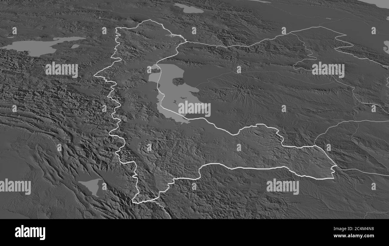 Zoom in on West Azarbaijan (province of Iran) outlined. Oblique perspective. Bilevel elevation map with surface waters. 3D rendering Stock Photo
