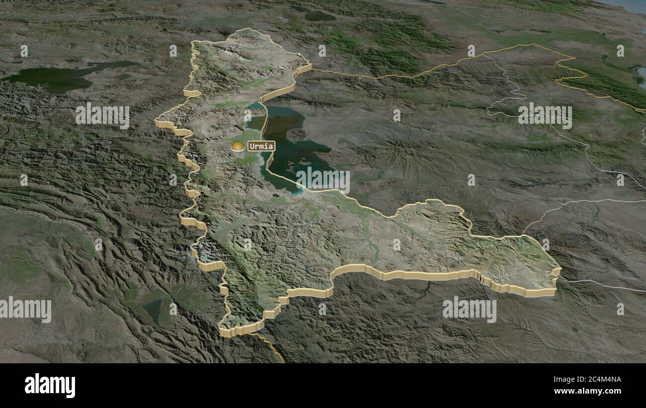 Zoom in on West Azarbaijan (province of Iran) extruded. Oblique perspective. Satellite imagery. 3D rendering Stock Photo