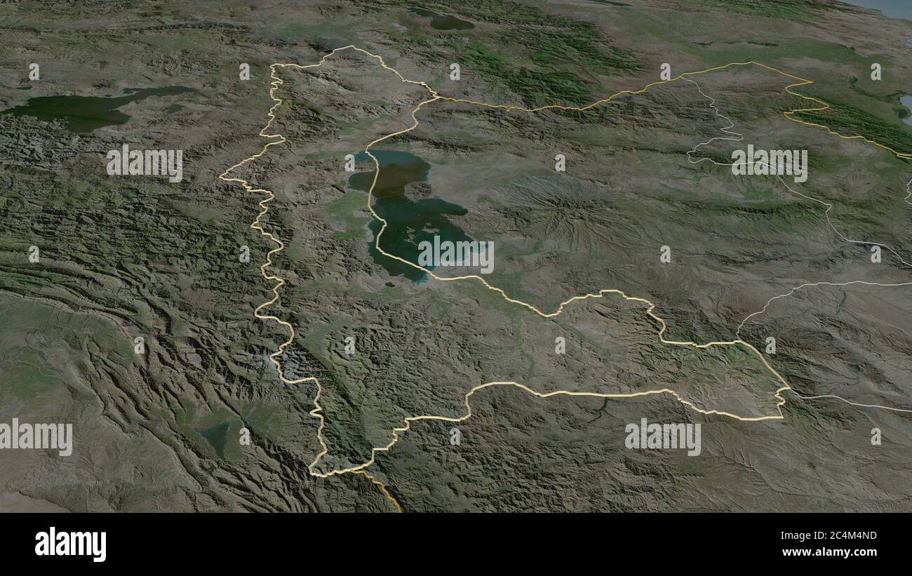 Zoom in on West Azarbaijan (province of Iran) outlined. Oblique perspective. Satellite imagery. 3D rendering Stock Photo