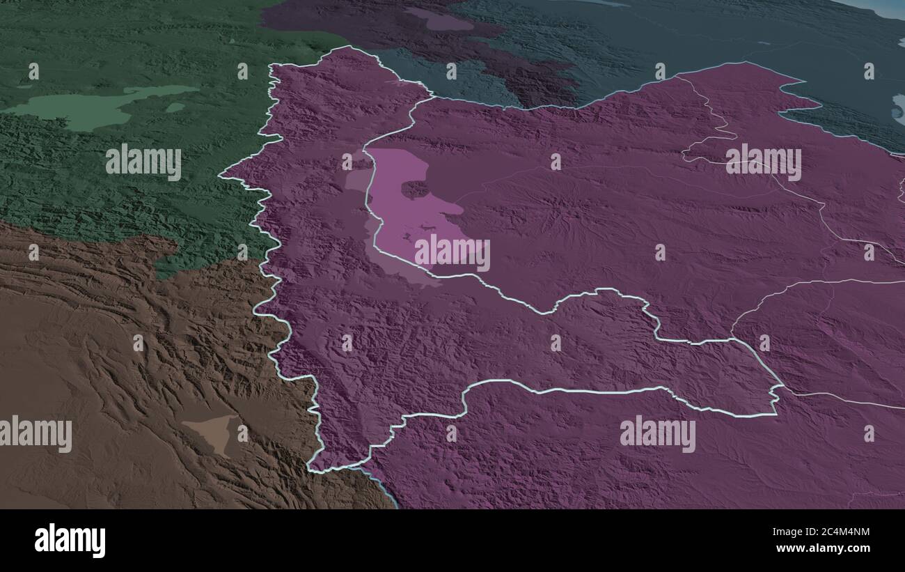 Zoom in on West Azarbaijan (province of Iran) outlined. Oblique perspective. Colored and bumped map of the administrative division with surface waters Stock Photo