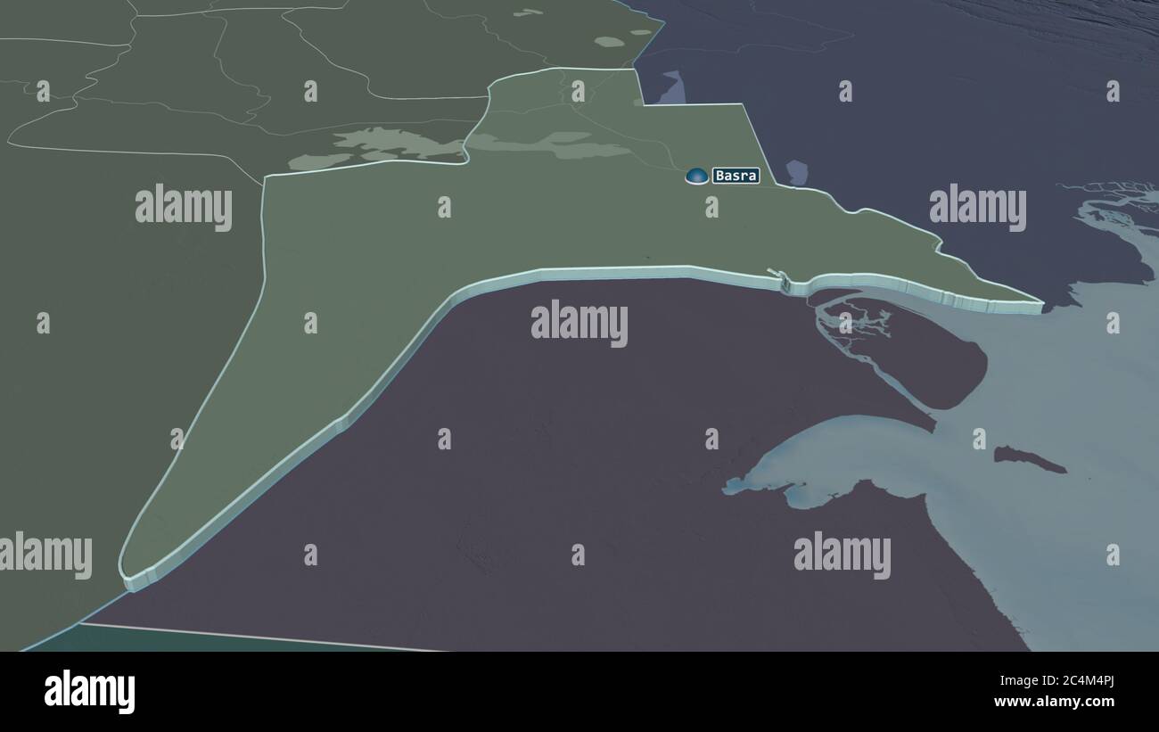 Zoom in on Al-Basrah (province of Iraq) extruded. Oblique perspective ...