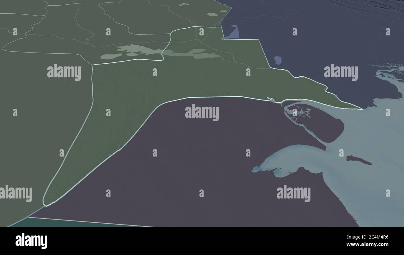 Zoom in on Al-Basrah (province of Iraq) outlined. Oblique perspective ...
