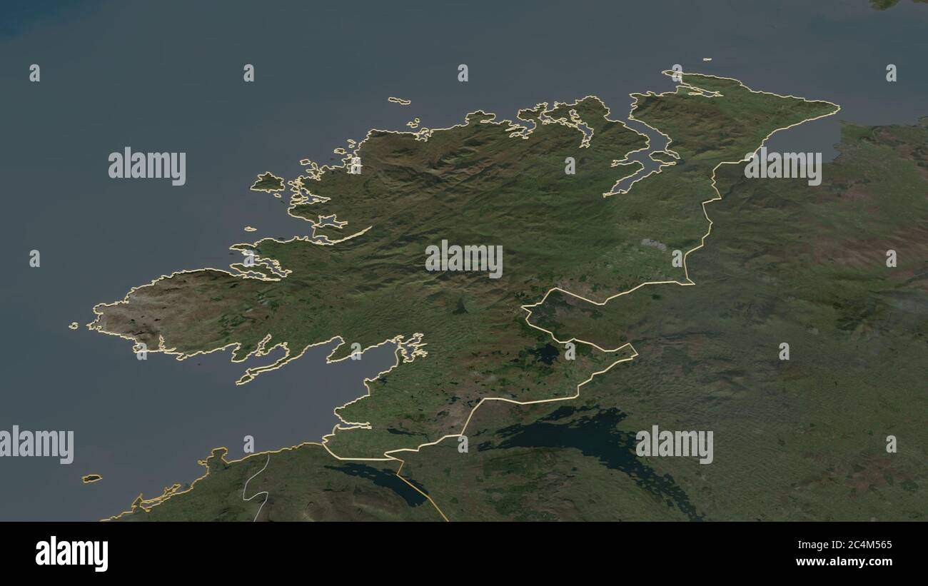 Zoom in on Donegal (county of Ireland) outlined. Oblique perspective. Satellite imagery. 3D rendering Stock Photo