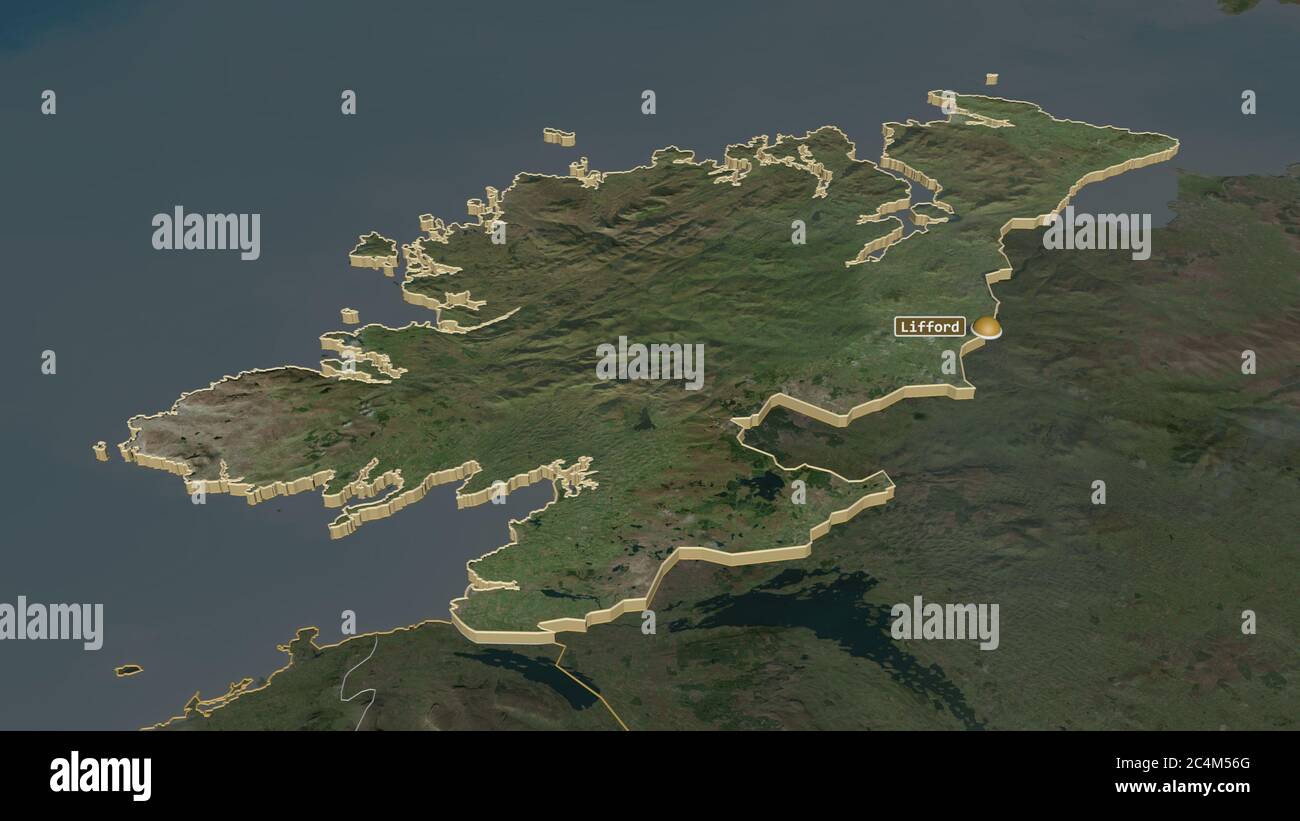 Zoom in on Donegal (county of Ireland) extruded. Oblique perspective. Satellite imagery. 3D rendering Stock Photo