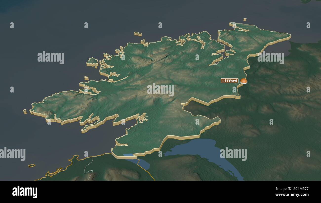 Zoom in on Donegal (county of Ireland) extruded. Oblique perspective. Topographic relief map with surface waters. 3D rendering Stock Photo