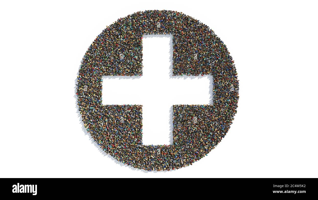 Top View of a Large Group of People Standing Together in the Form of Medical Cross Symbol Stock Photo