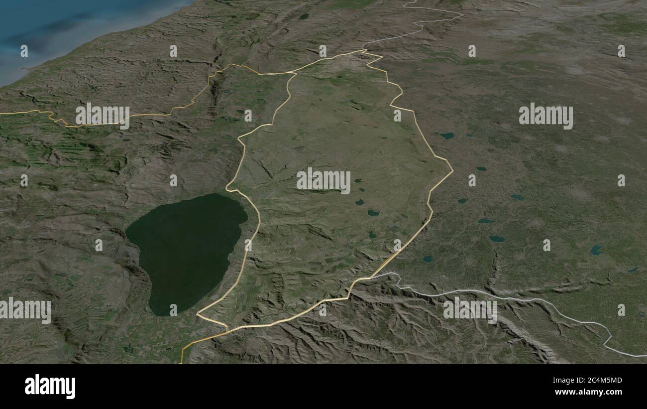 Zoom in on Golan (district of Israel) outlined. Oblique perspective. Satellite imagery. 3D rendering Stock Photo