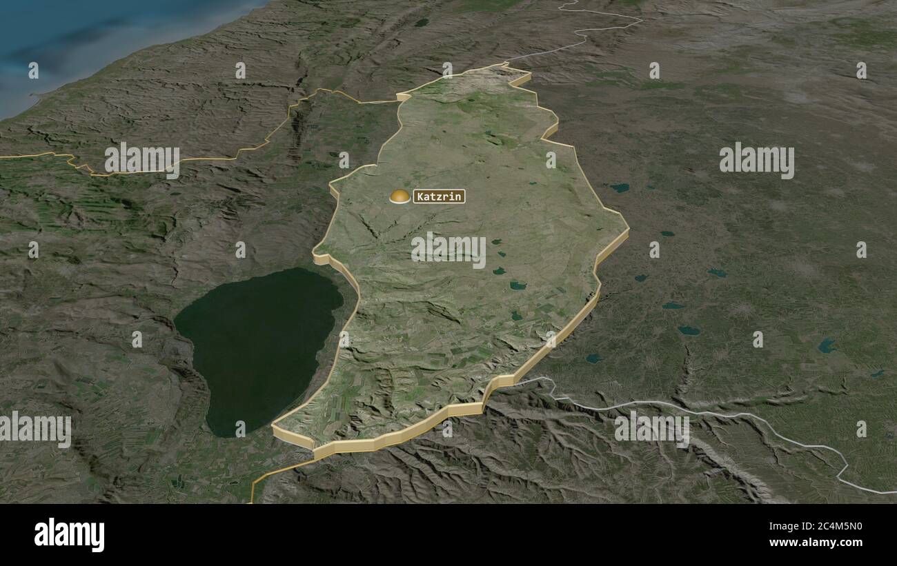 Zoom in on Golan (district of Israel) extruded. Oblique perspective. Satellite imagery. 3D rendering Stock Photo