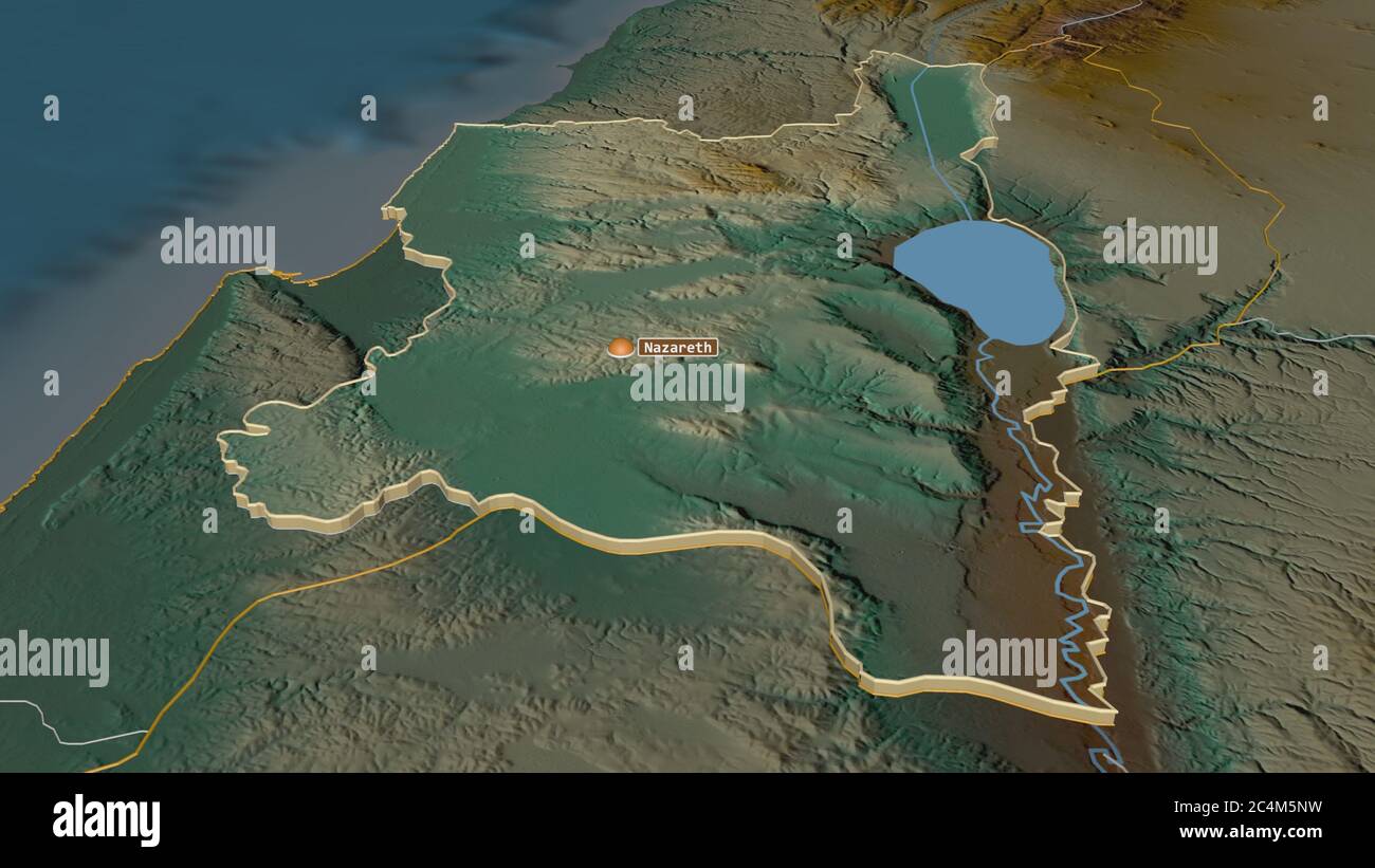 Zoom in on HaZafon (district of Israel) extruded. Oblique perspective. Topographic relief map 