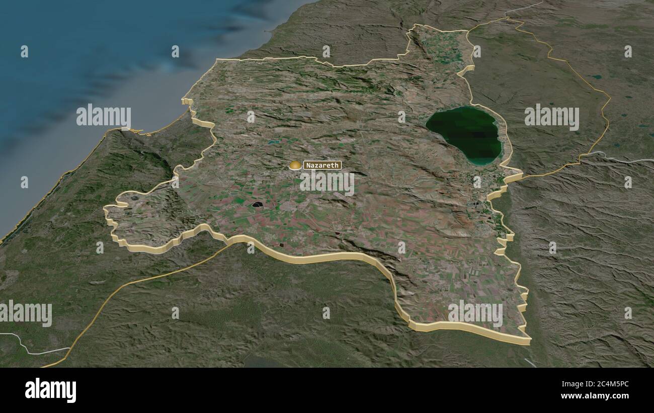 Zoom in on HaZafon (district of Israel) extruded. Oblique perspective. Satellite imagery. 3D rendering Stock Photo