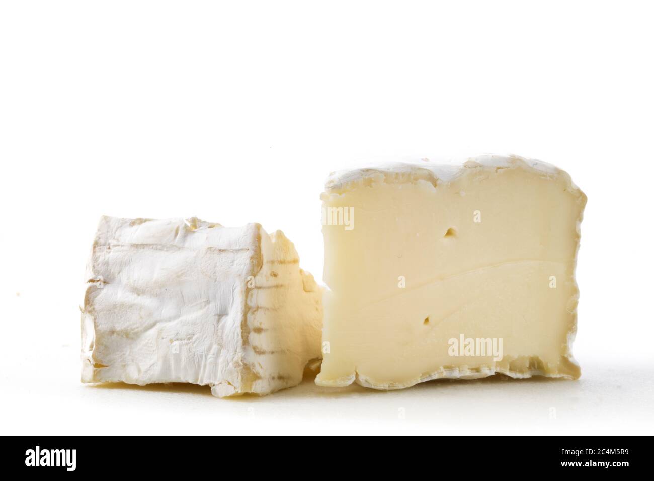 macro closeup of wedges of brie cheese isolated on white Stock Photo