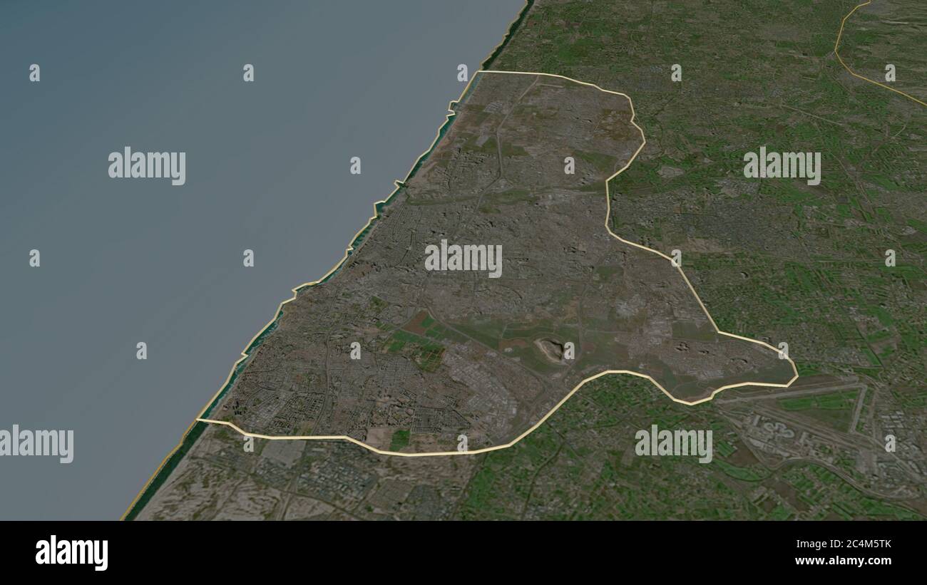 Zoom in on Tel Aviv (district of Israel) outlined. Oblique perspective. Satellite imagery. 3D rendering Stock Photo