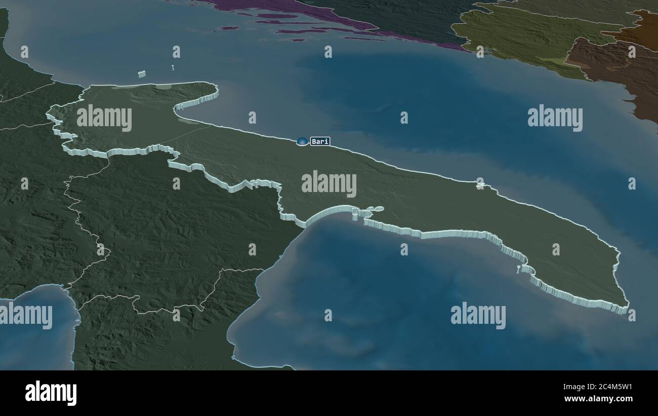 Zoom in on Apulia (region of Italy) extruded. Oblique perspective ...