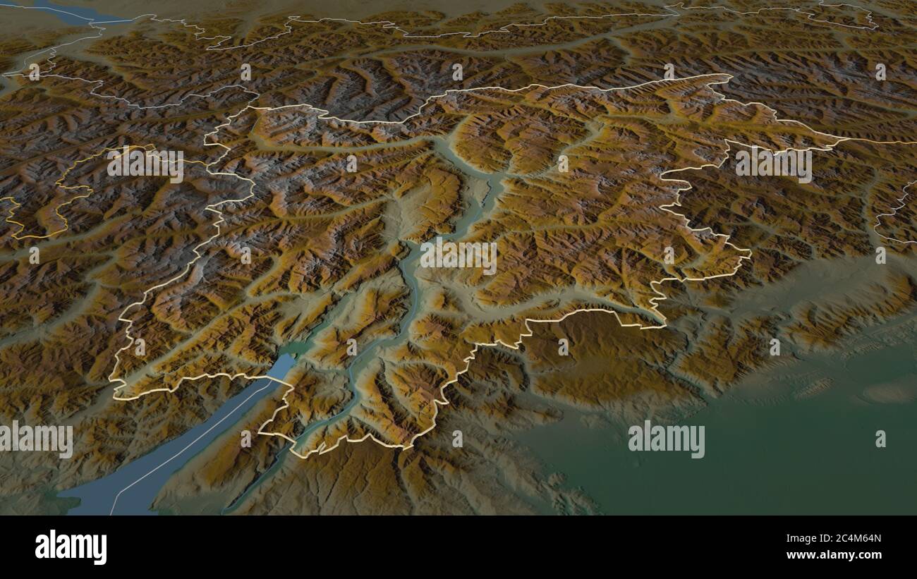 Zoom in on Trentino-Alto Adige (autonomous region of Italy) outlined. Oblique perspective. Topographic relief map with surface waters. 3D rendering Stock Photo