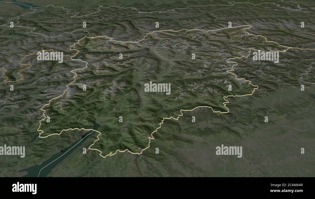 Zoom in on Trentino-Alto Adige (autonomous region of Italy) outlined. Oblique perspective. Satellite imagery. 3D rendering Stock Photo