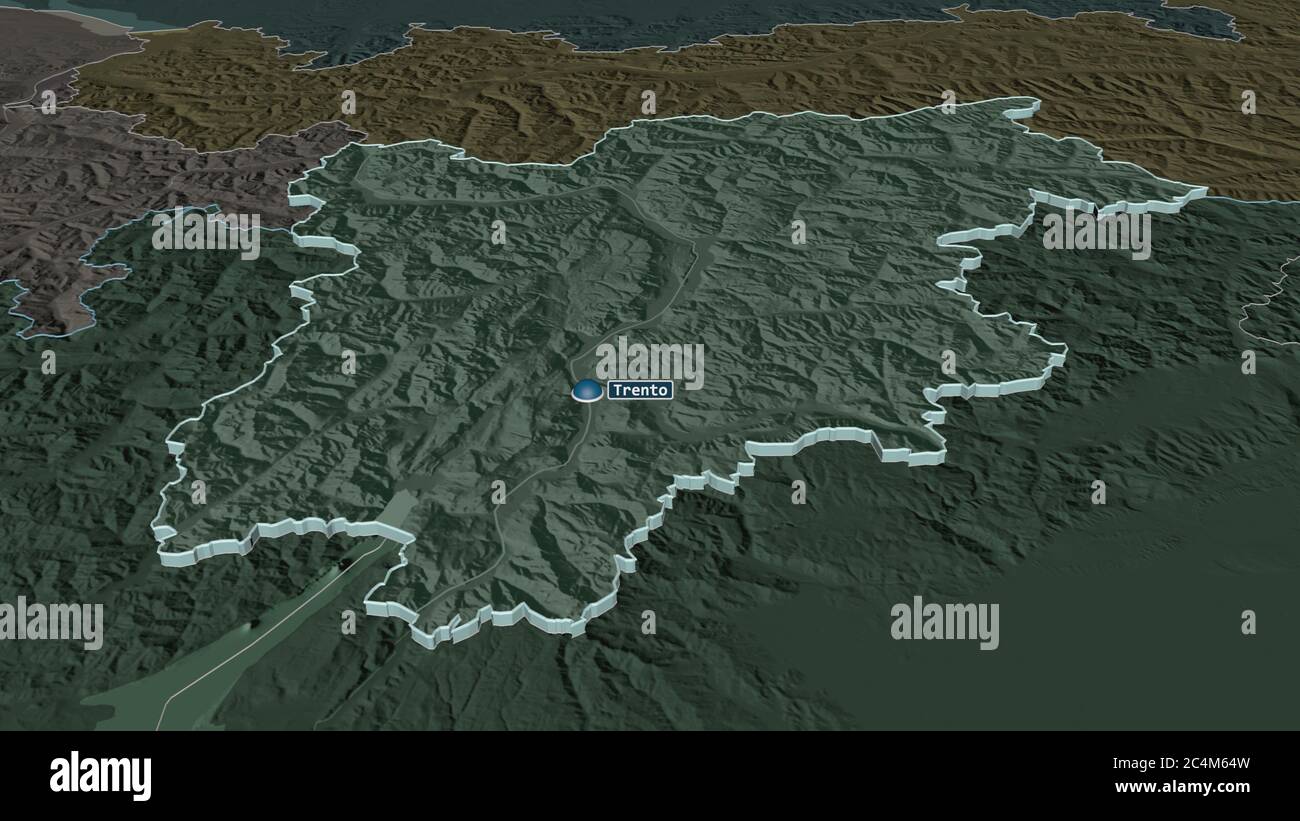 Zoom in on Trentino-Alto Adige (autonomous region of Italy) extruded. Oblique perspective. Colored and bumped map of the administrative division with Stock Photo