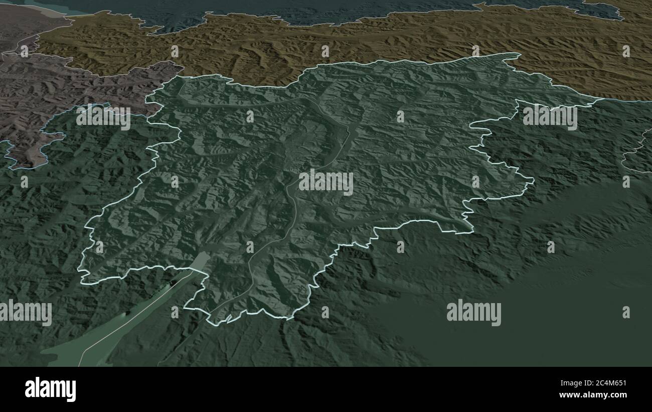 Zoom in on Trentino-Alto Adige (autonomous region of Italy) outlined. Oblique perspective. Colored and bumped map of the administrative division with Stock Photo