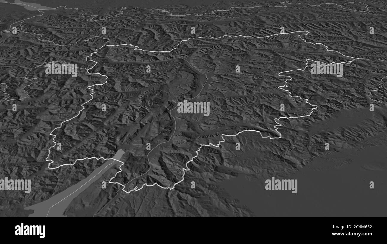 Zoom in on Trentino-Alto Adige (autonomous region of Italy) outlined. Oblique perspective. Bilevel elevation map with surface waters. 3D rendering Stock Photo