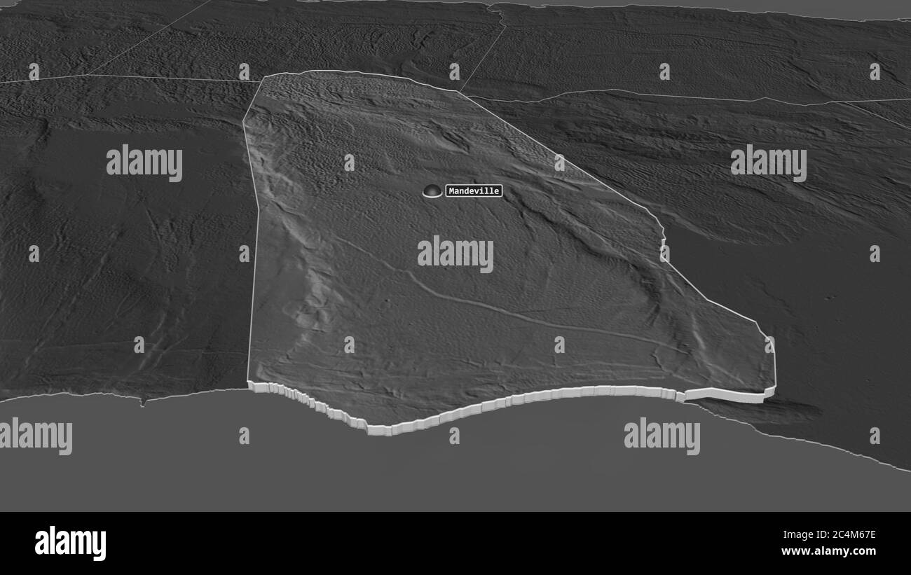 Zoom in on Manchester (parish of Jamaica) extruded. Oblique perspective. Bilevel elevation map with surface waters. 3D rendering Stock Photo