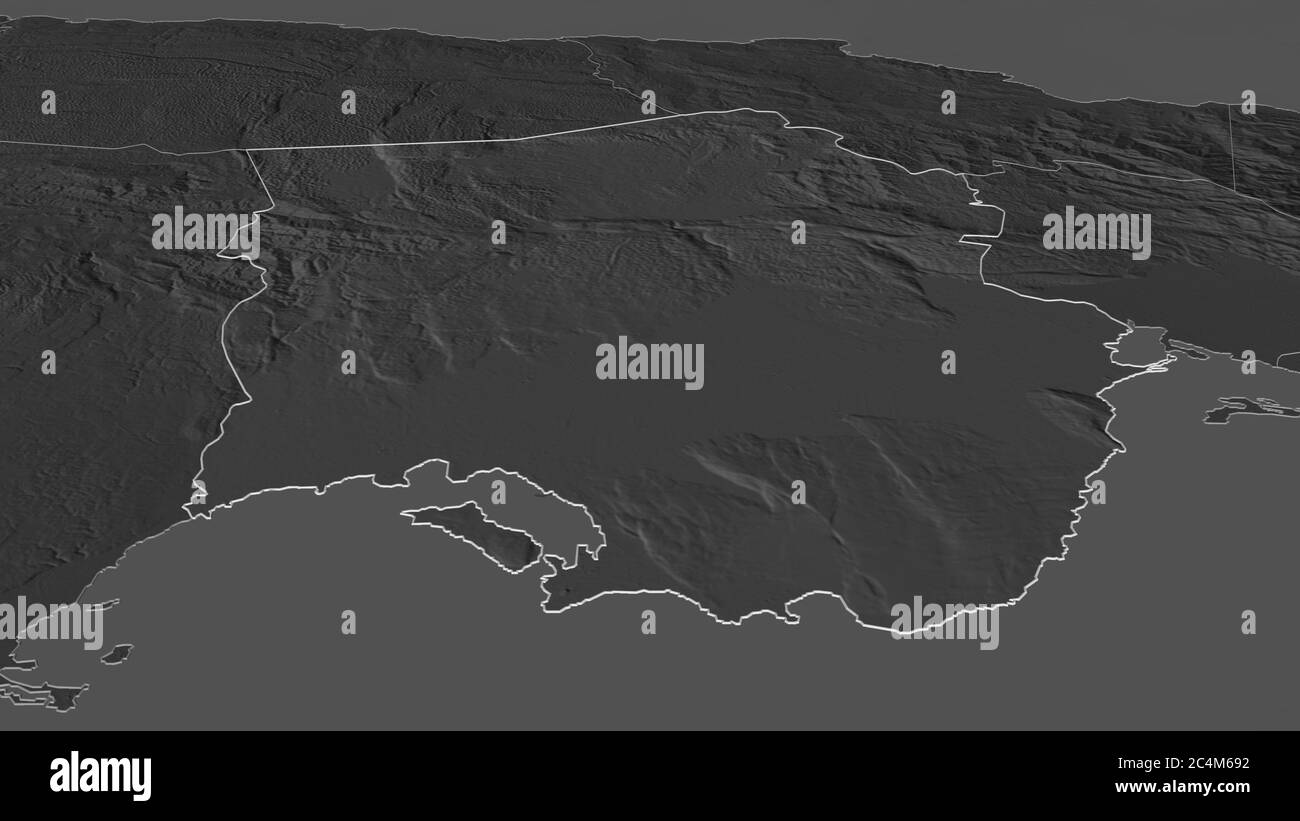 Zoom in on Saint Catherine (parish of Jamaica) outlined. Oblique perspective. Bilevel elevation