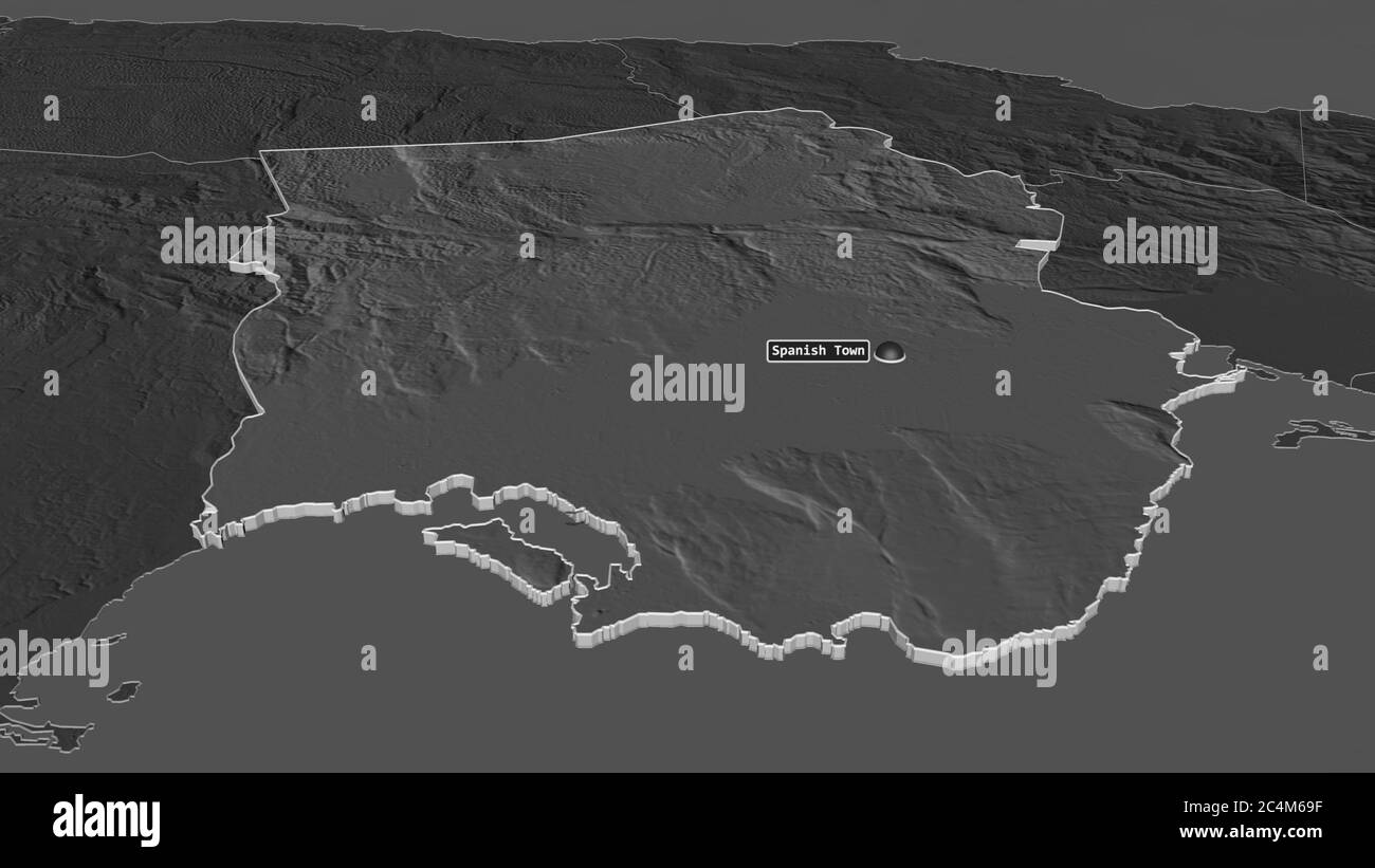 Zoom in on Saint Catherine (parish of Jamaica) extruded. Oblique perspective. Bilevel elevation