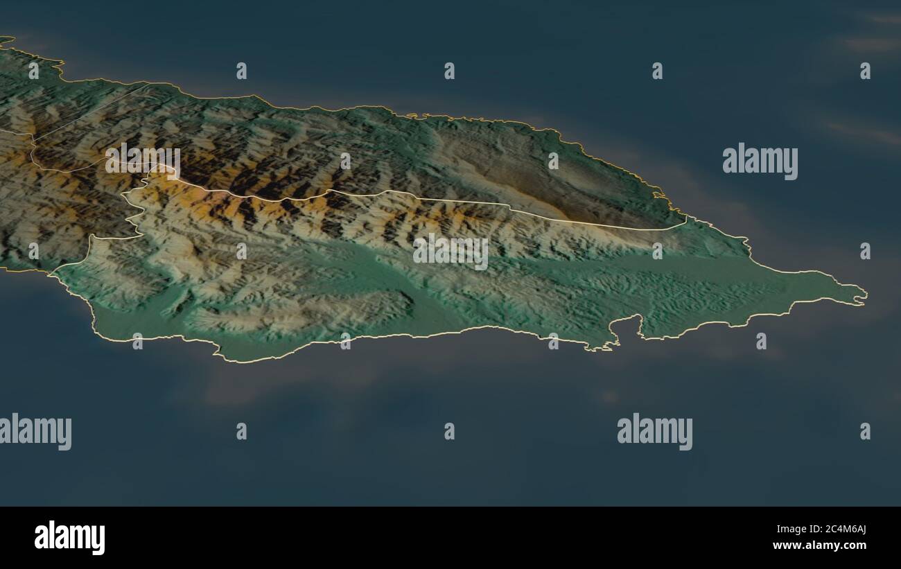 Zoom in on Saint Thomas (parish of Jamaica) outlined. Oblique