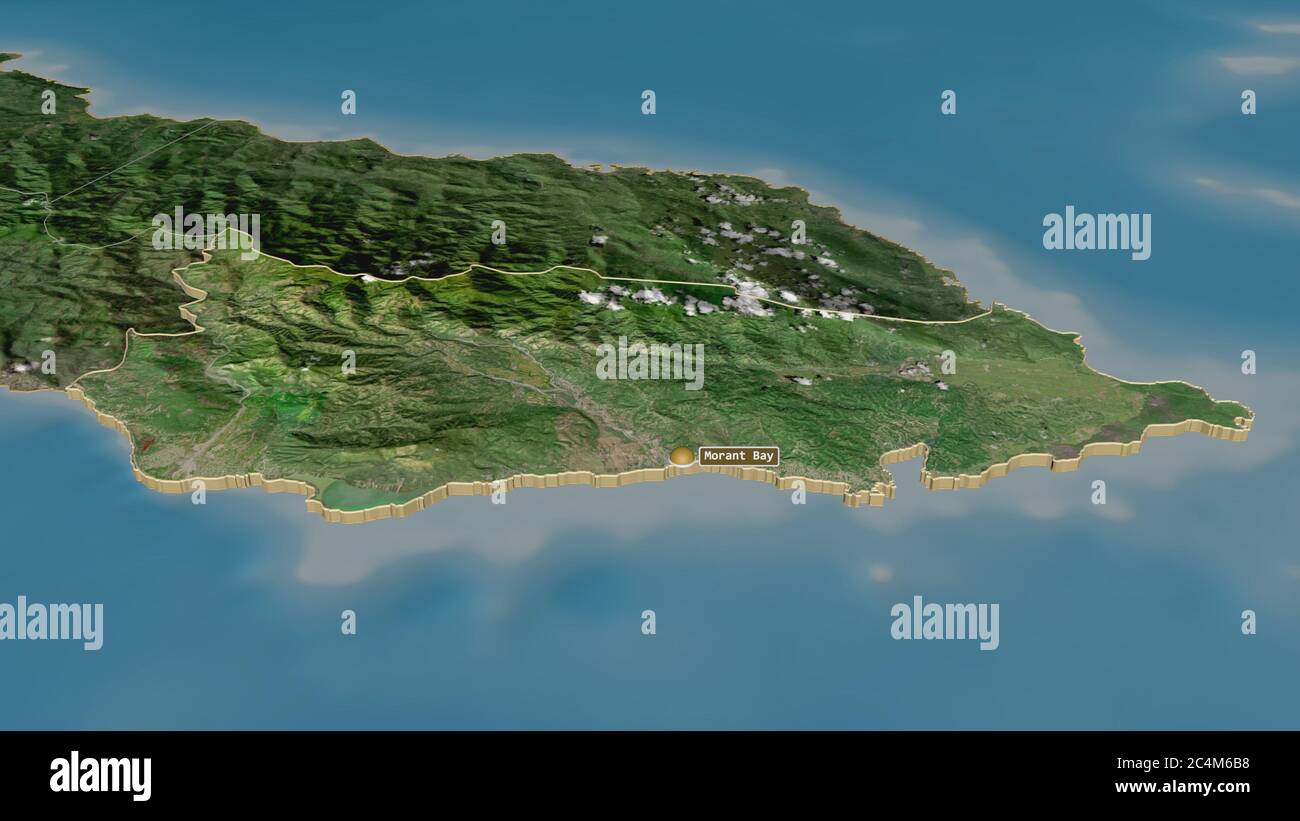 Zoom in on Saint Thomas (parish of Jamaica) extruded. Oblique