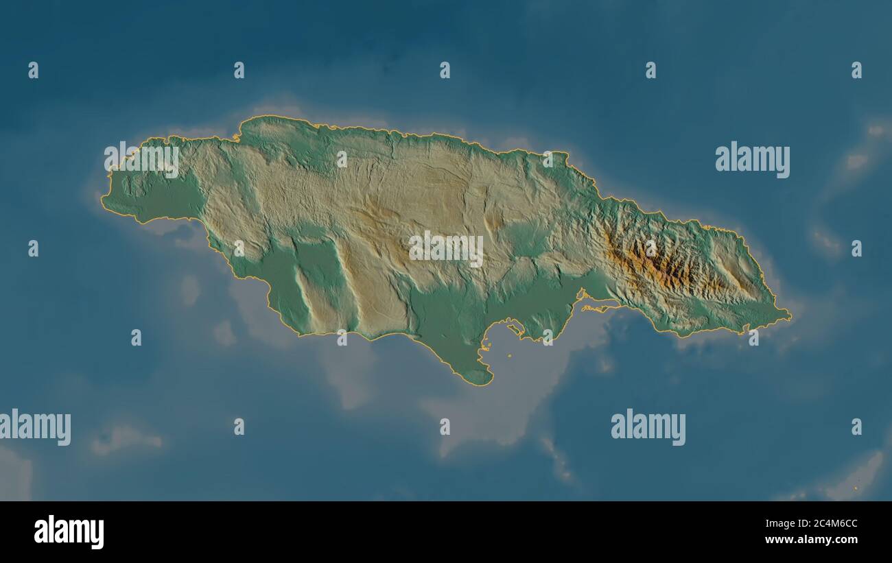 Outlined shape of the Jamaica area. Topographic relief map with surface waters. 3D rendering Stock Photo