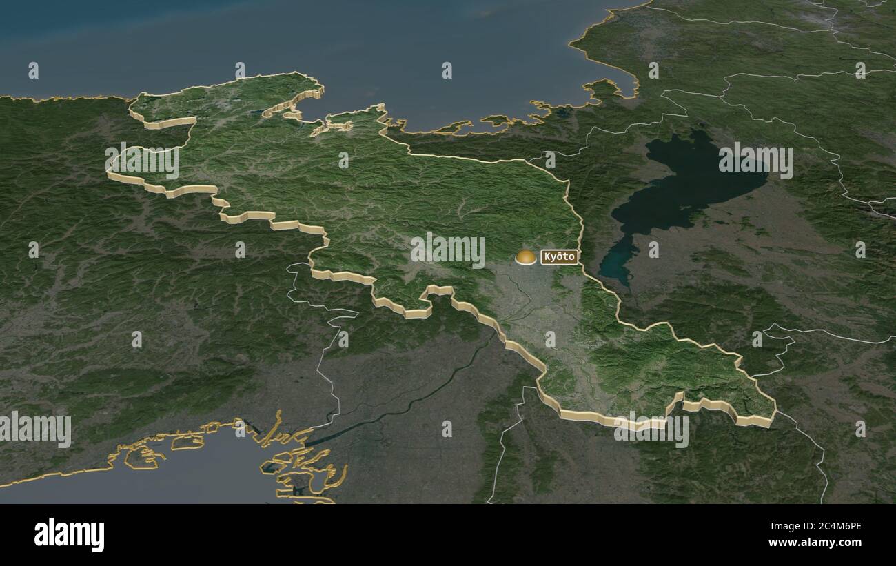 Zoom in on Kyoto (urban prefecture of Japan) extruded. Oblique