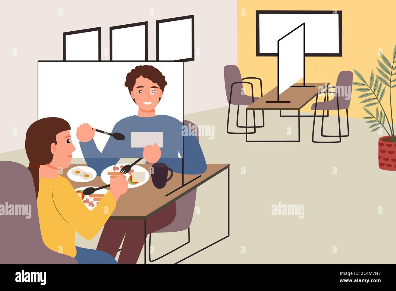 Restaurant and social distancing concept.Couple man and woman sitting in restaurant eating food with table shield to protect infection from coronaviru Stock Vector