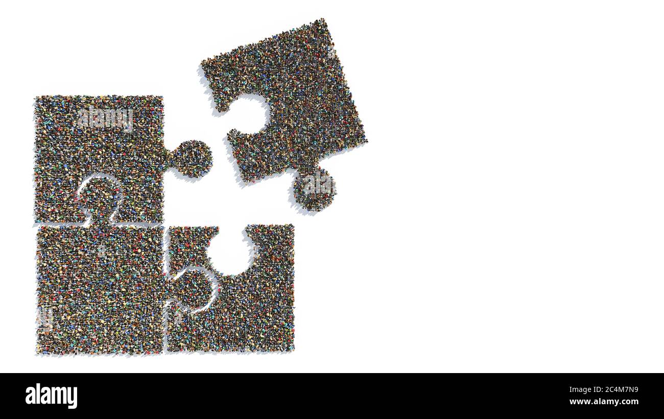 Top View of Puzzle Pieces Formed by Groups of People Coming Together Stock Photo