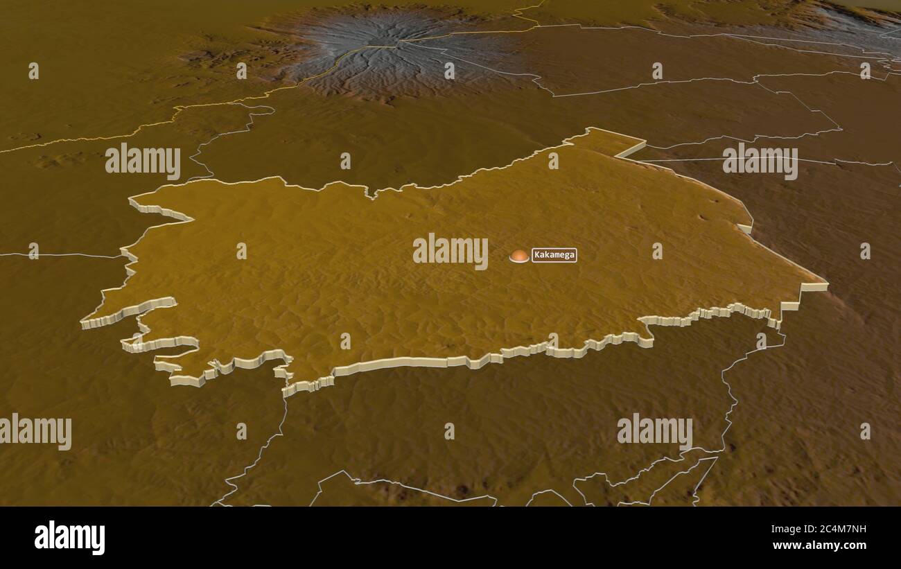 Zoom in on Kakamega (county of Kenya) extruded. Oblique perspective ...