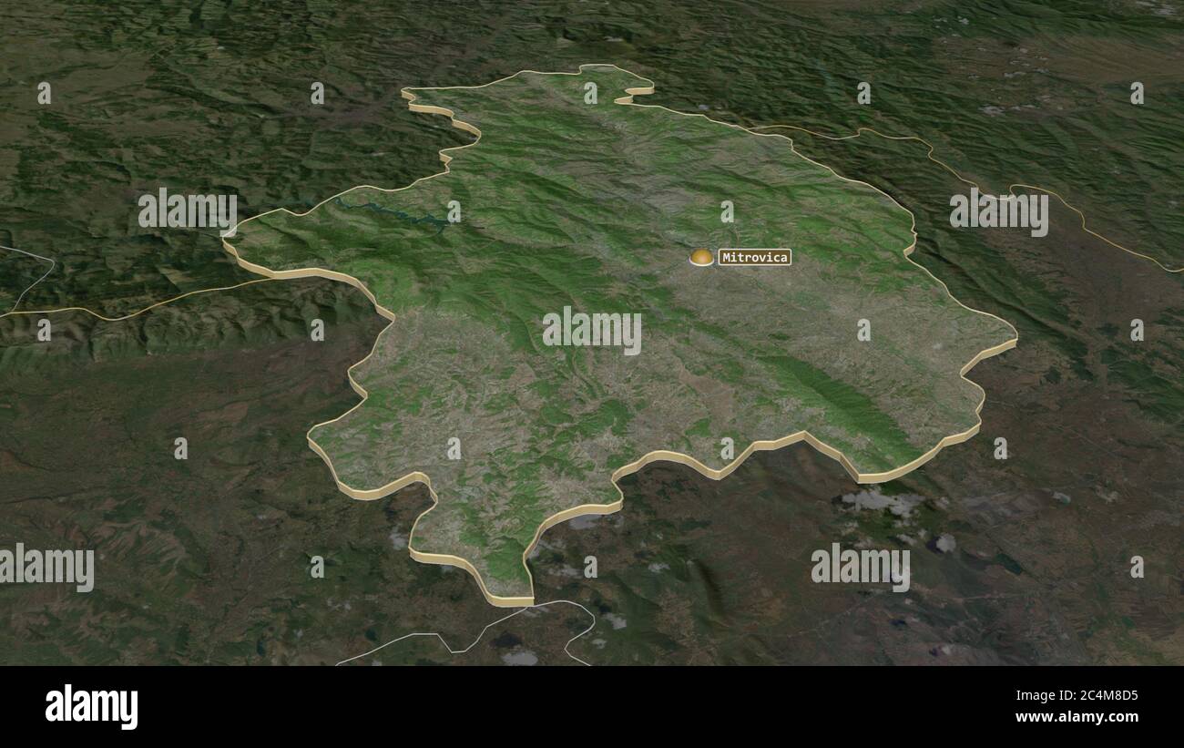 Zoom in on Kosovska Mitrovica (district of Kosovo) extruded. Oblique perspective. Satellite imagery. 3D rendering Stock Photo