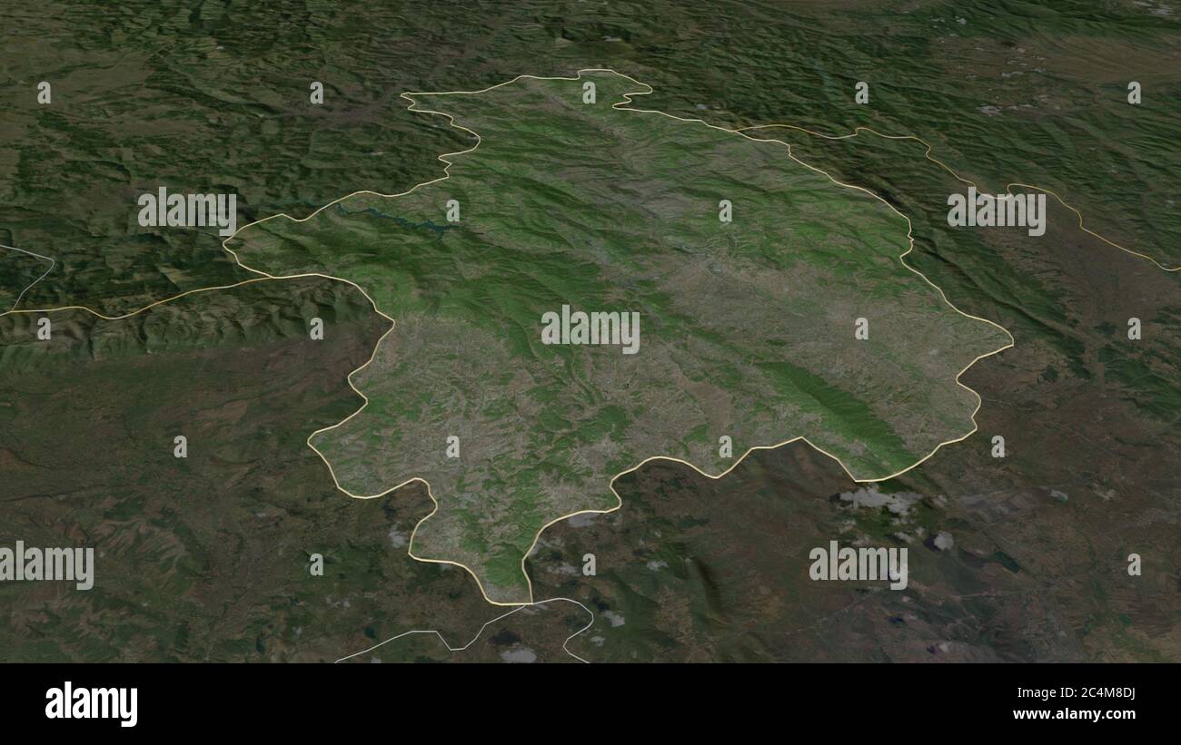 Zoom in on Kosovska Mitrovica (district of Kosovo) outlined. Oblique perspective. Satellite imagery. 3D rendering Stock Photo