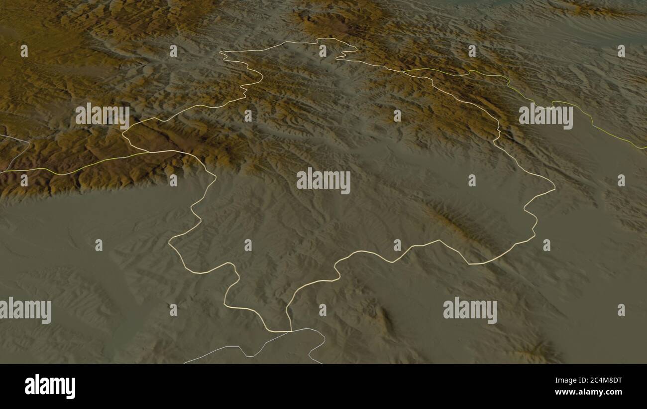 Zoom in on Kosovska Mitrovica (district of Kosovo) outlined. Oblique perspective. Topographic relief map with surface waters. 3D rendering Stock Photo