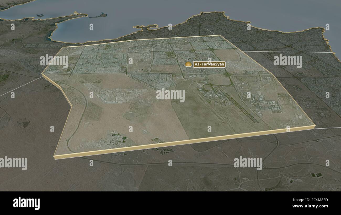 Zoom in on Al Farwaniyah (province of Kuwait) extruded. Oblique