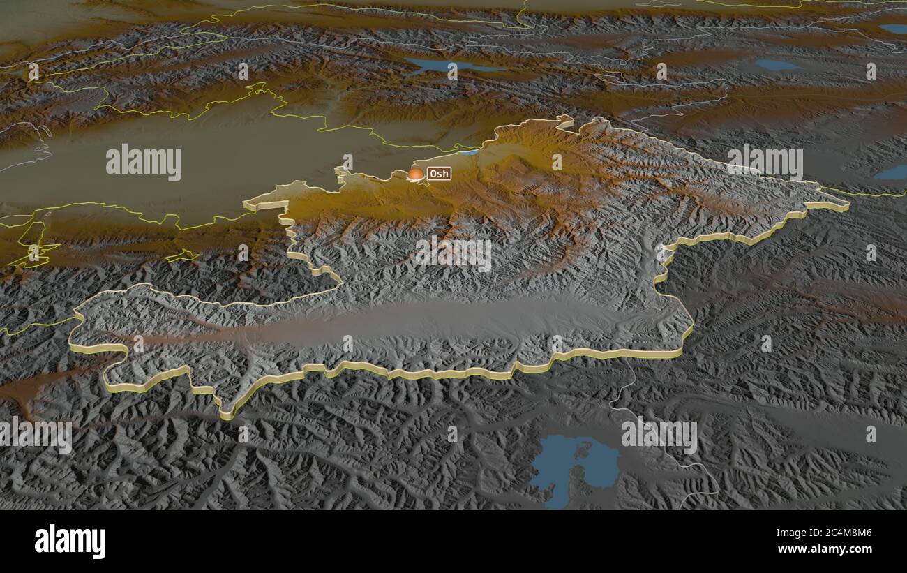 Zoom in on Osh (province of Kyrgyzstan) extruded. Oblique perspective ...