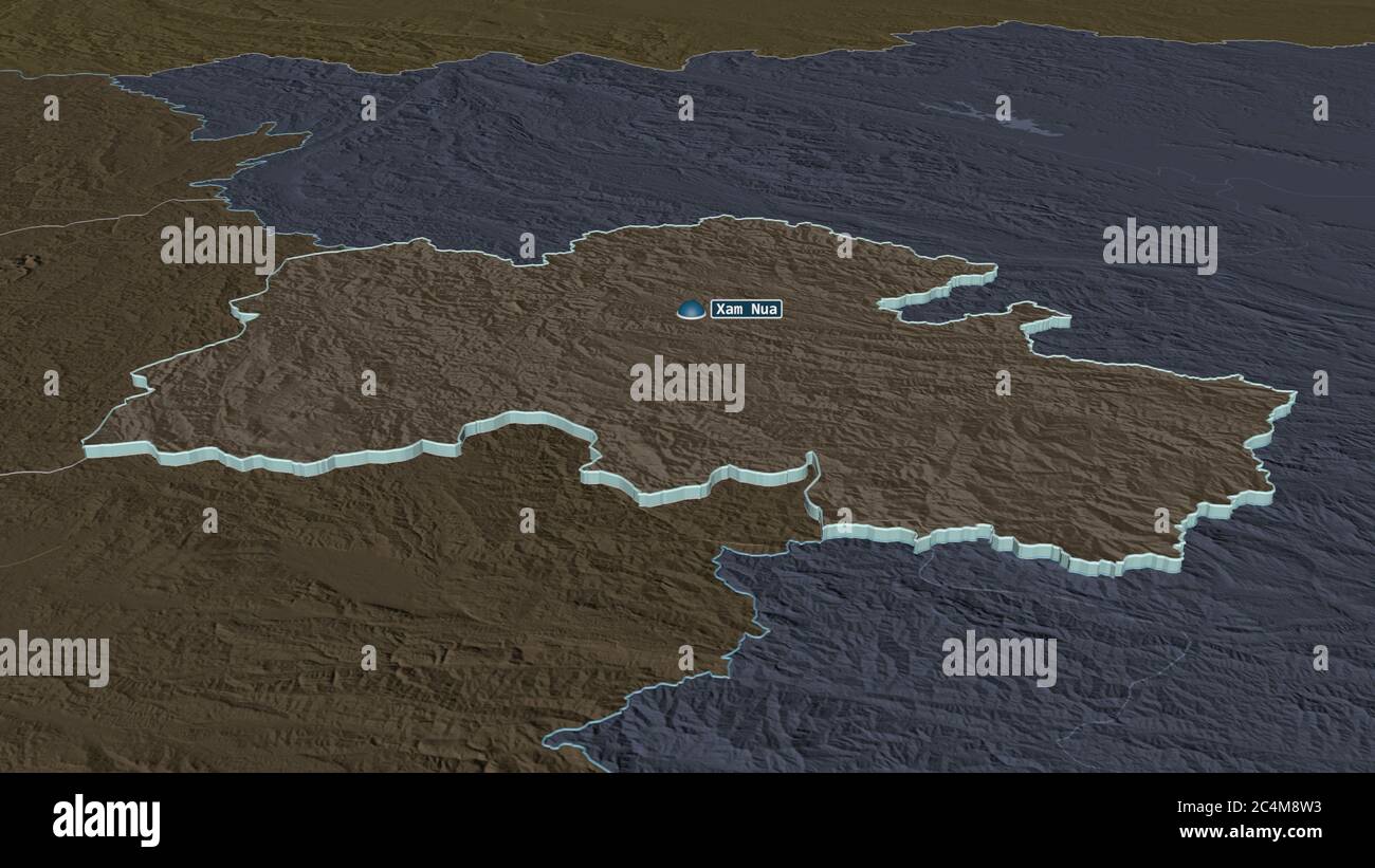 Zoom in on Houaphan (province of Laos) extruded. Oblique perspective ...