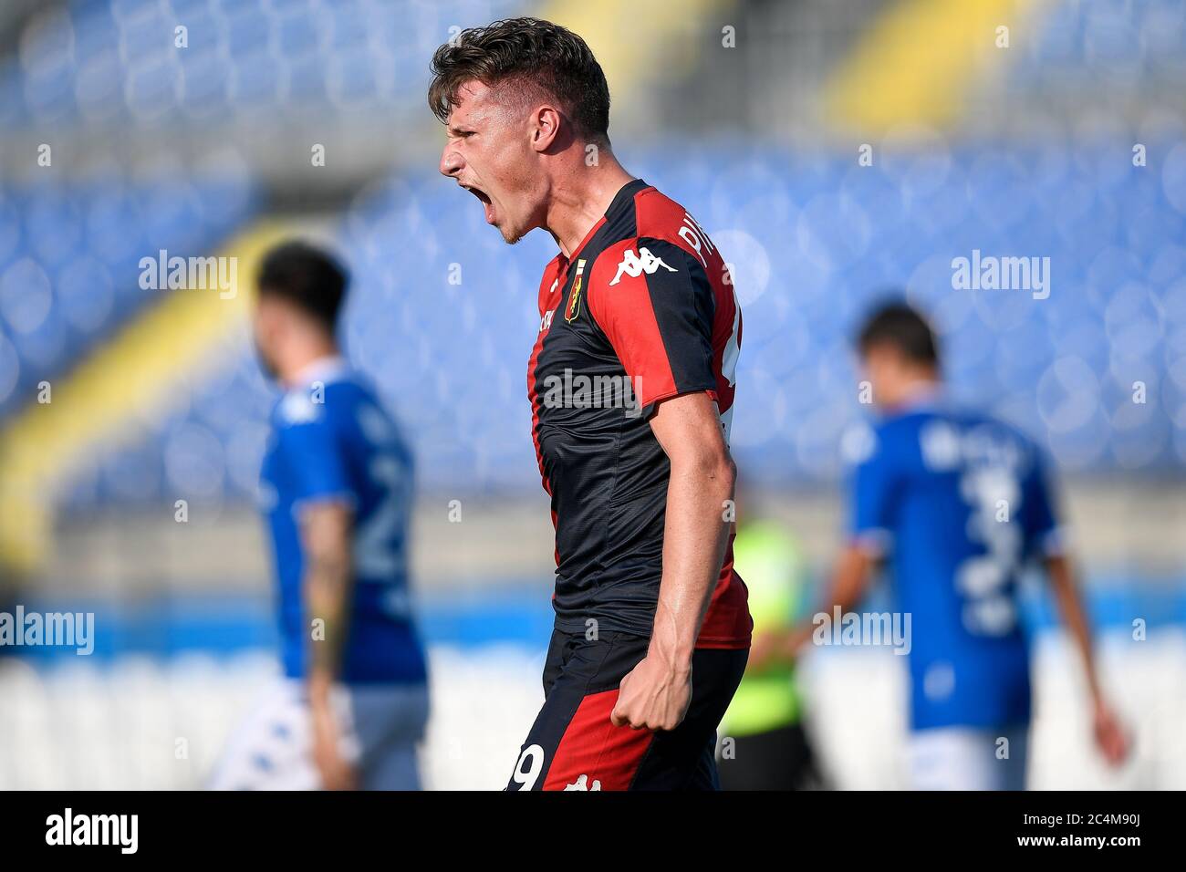 Brescia, Italy - 27 June, 2020: Andrea Pinamonti of Genoa CFC celebrates after scoring a goal from a penalty kick during the Serie A football match between Brescia Calcio and Genoa CFC. The match ended in a 2-2 tie. Credit: Nicolò Campo/Alamy Live News Stock Photo