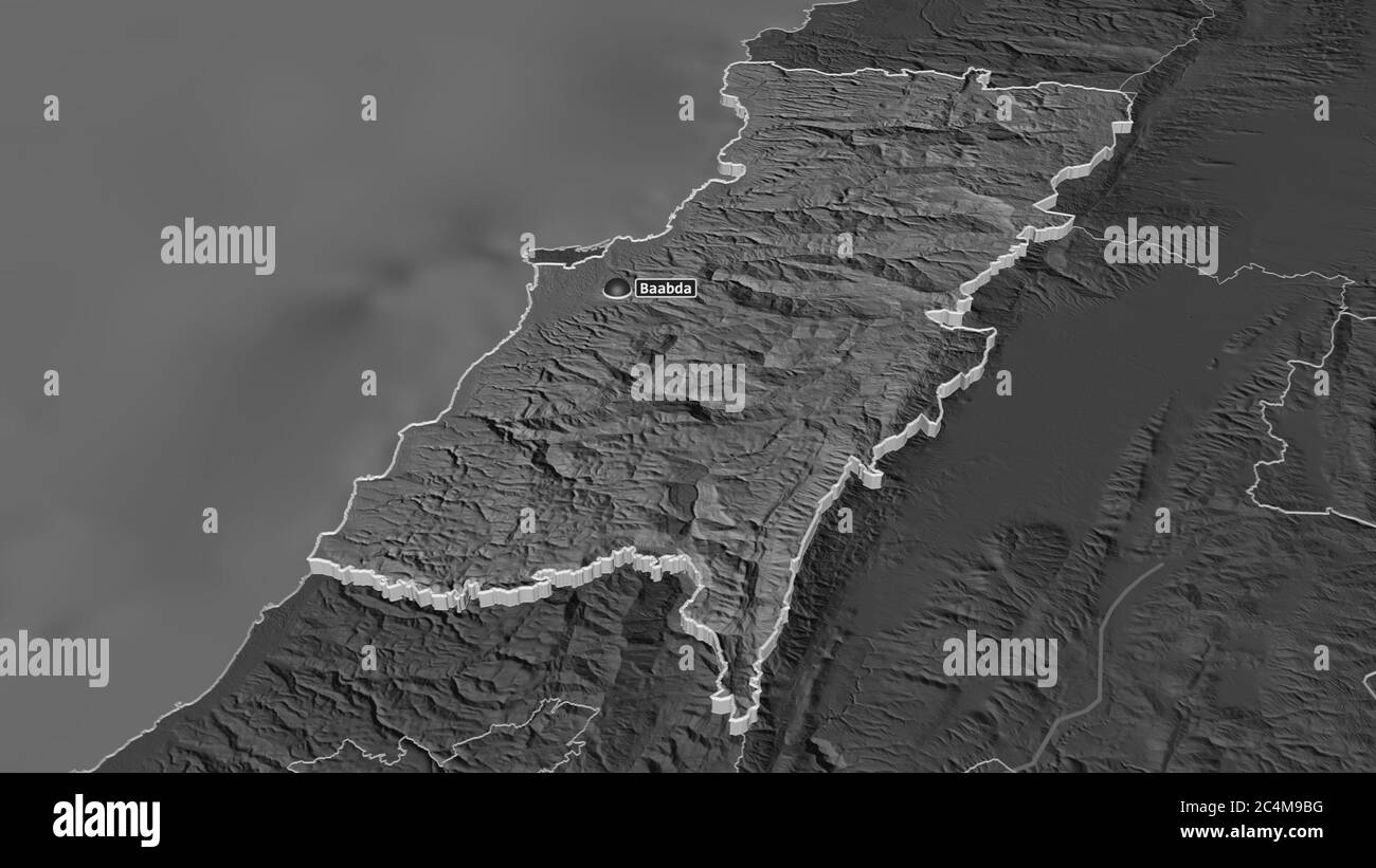 Zoom in on Mount Lebanon (governorate of Lebanon) extruded. Oblique