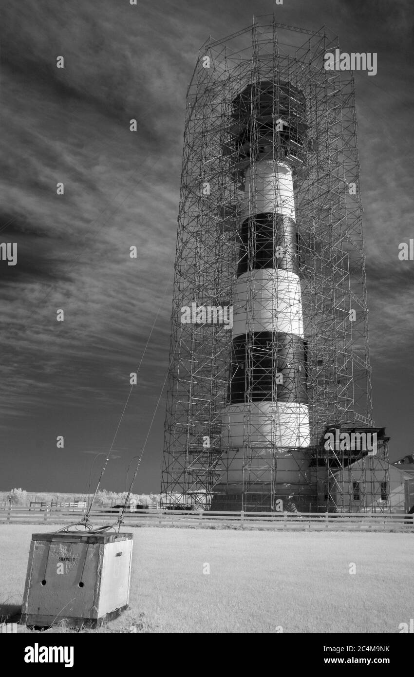 Scaffolding surrounds the Bodie Island Lighthouse during renovations. Stock Photo