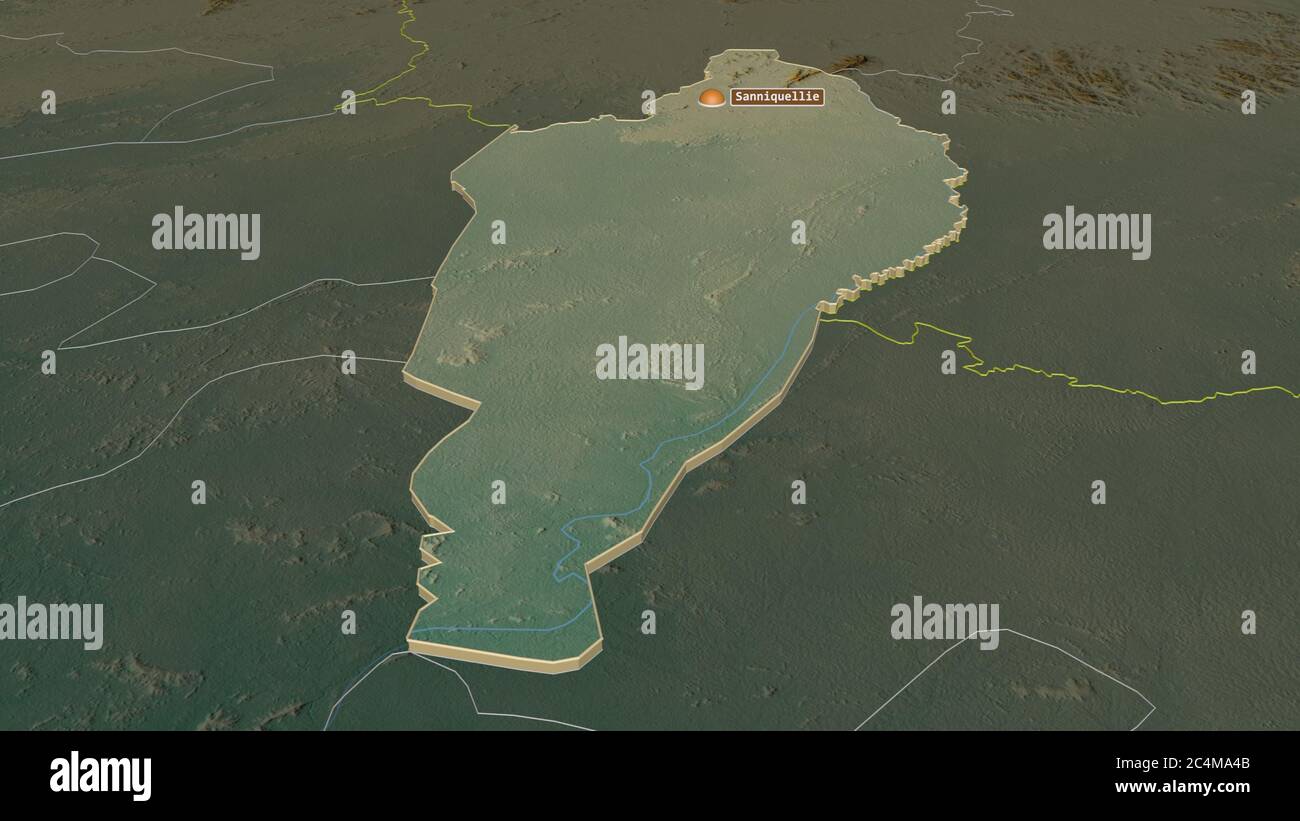 Zoom in on Nimba (county of Liberia) extruded. Oblique perspective