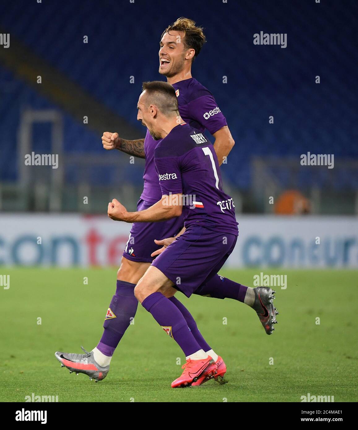 Rome. 28th June, 2020. Fiorentina's Frank Henry Pierre Ribery (front)  celebrates his goal during a Serie