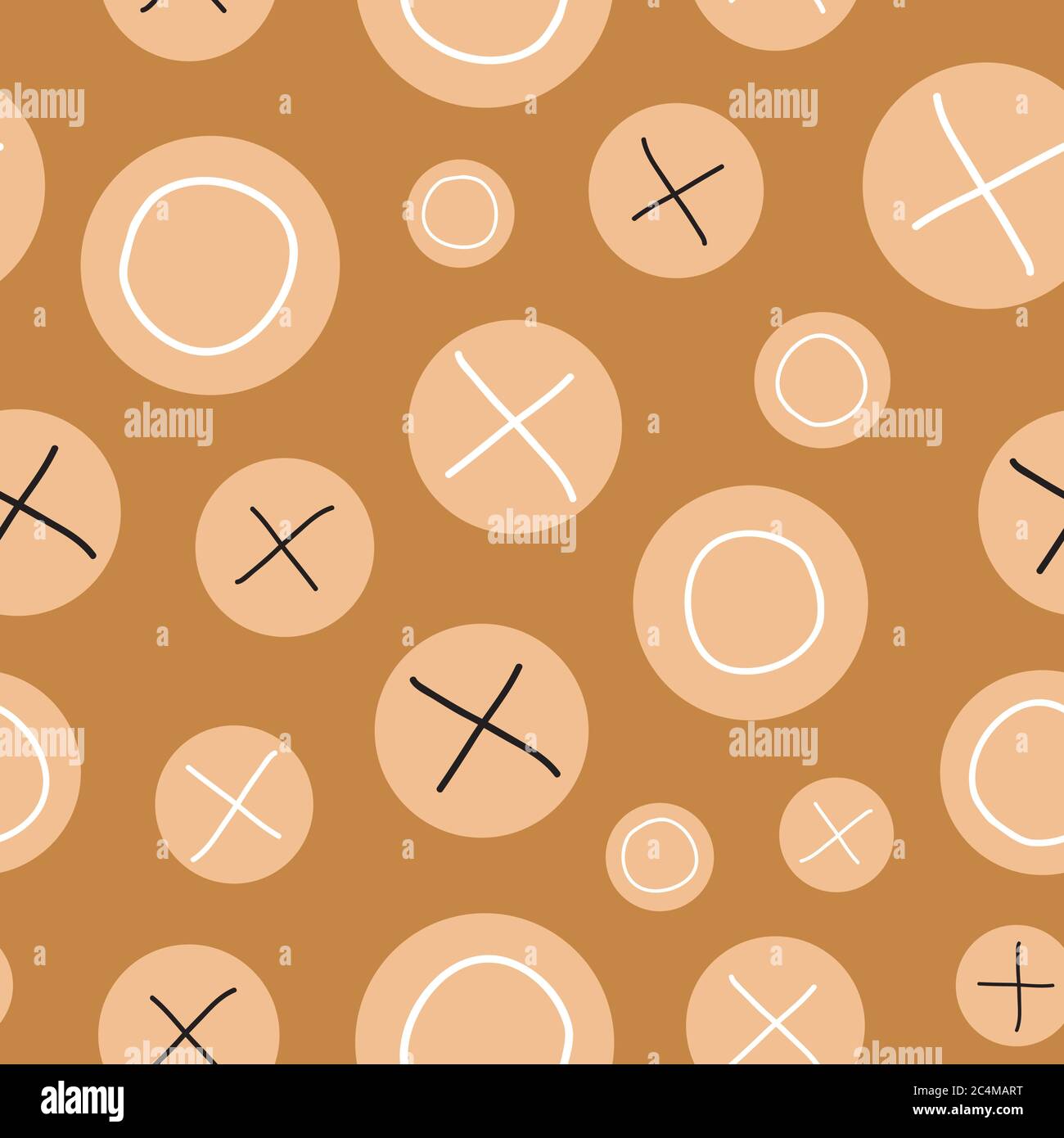 circle your symbol black and white x and o highlighted in tan circles on brown background vector seamless repeat pattern surface design Stock Vector