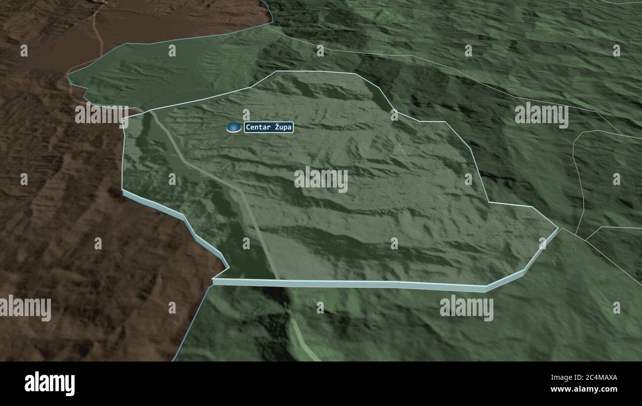 Zoom in on Centar Župa (municipality of Macedonia) extruded. Oblique