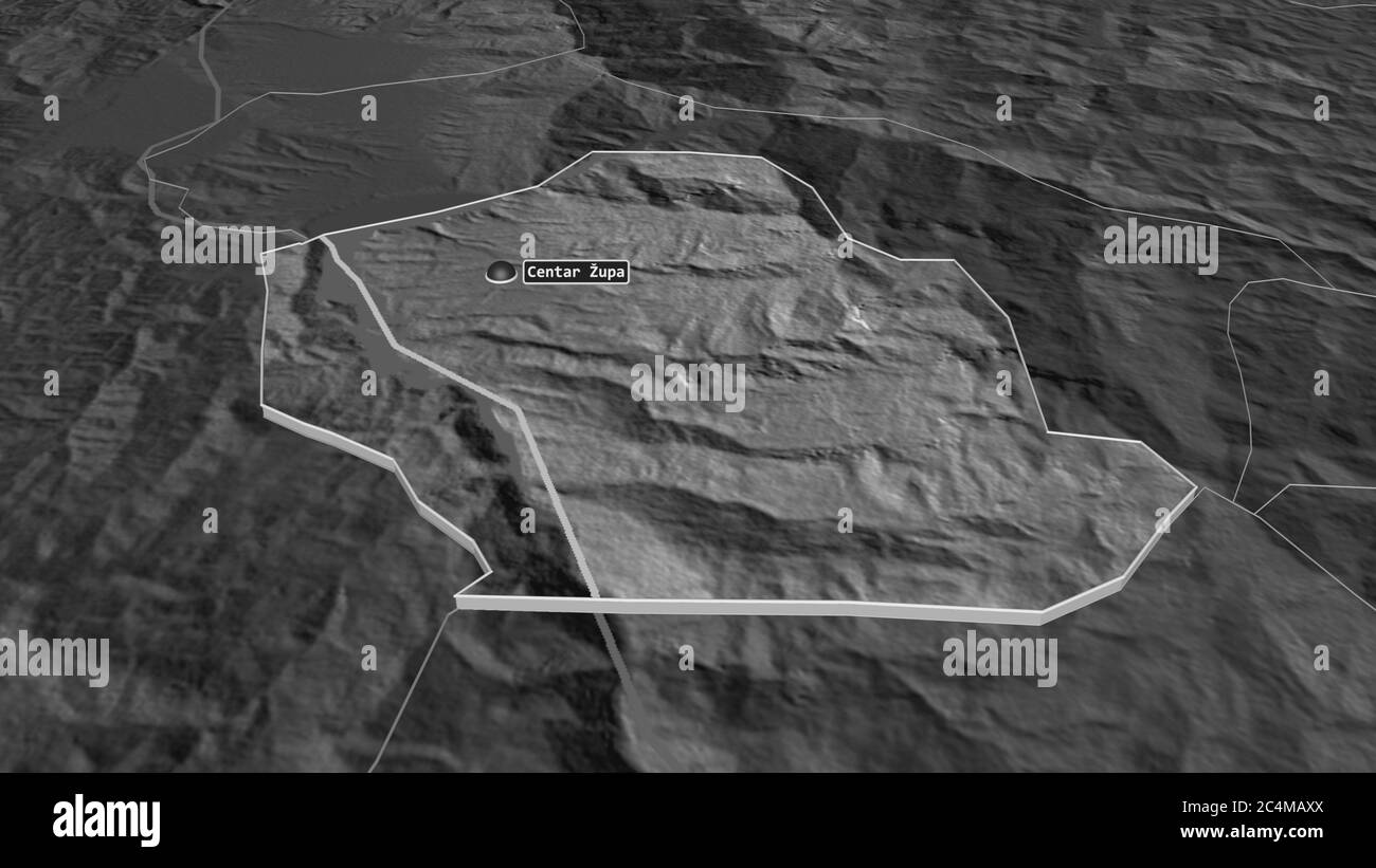 Zoom in on Centar Župa (municipality of Macedonia) extruded. Oblique